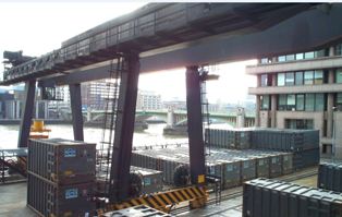 Containers of waste from the City of London awaiting transportation by barge to the Cory EfW plant at Belvedere
